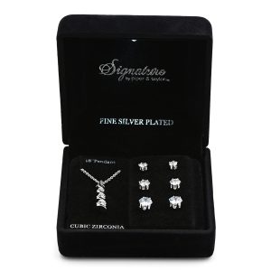 Signature CZ Ribbon Necklace & 3-Pk. Earrings Set