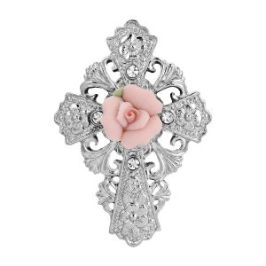 Silver Tone Pink Porcelain Rose Cross Pin