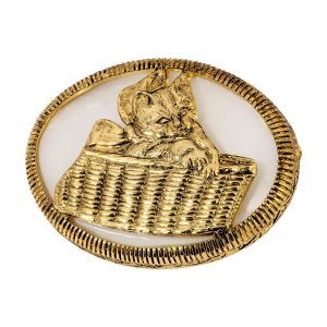 1928 Jewelry White Mother of Pearl Cat In Basket Brooch