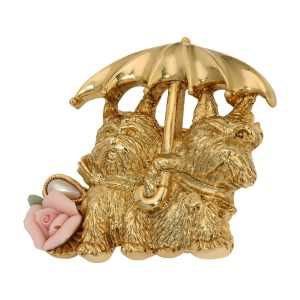 1928 Jewelry Dogs & Umbrella Pink Porcelain Rose Brooch