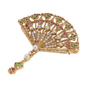 1928 Jewelry Filigree Fan With Color Crystals Brooch