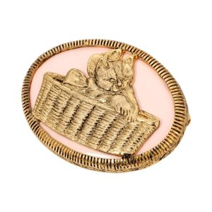1928 Jewelry Pink Oval Cat In Basket Brooch