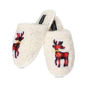 Womens Plaid Reindeer Plush Slippers