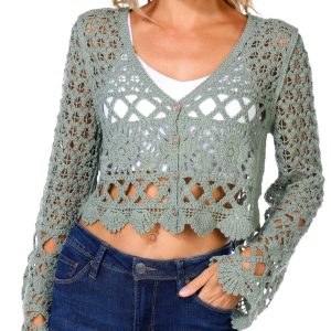Rebellion Juniors Long Sleeve Button Front Geo Crochet Top