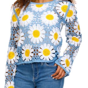 Rebellion Juniors Long Sleeve Crochet Daisy Top