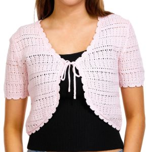 No Comment Juniors Short Sleeve Tie Front Crochet Cardigan
