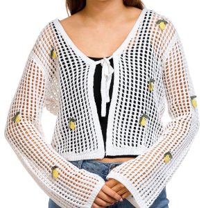 No Comment Juniors Crochet Lemon Tie Front Cardigan