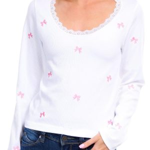 FCT Basics Juniors Long Sleeve Embroidered Bow Top