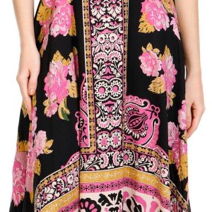 Lola P Womens Sleeveless Crochet Trim Print Midi Dress