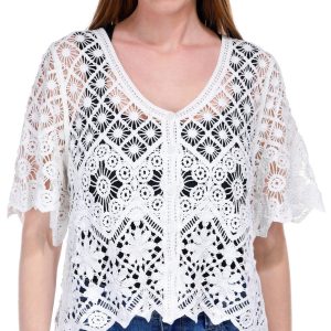 Rabbit Rabbit Womens Short Sleeve Buttoned Crochet Shrug