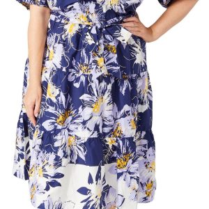 London Times Plus Short Puff Sleeve Midi Dress