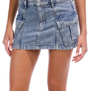 YMI Juniors Mid-Rise Washed Denim Cargo Skirt