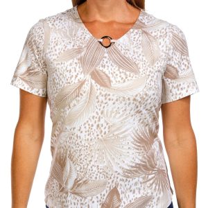 Coral Bay Petite Short Sleeve V-Neck Ring Animal Frond Top
