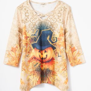 One World Petite 3/4 Sleeve Pumpkin Harvest V-Neck Top