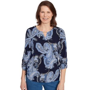 Alfred Dunner Petite Puff Print Paisley 3/4 Sleeve Top