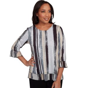 Alfred Dunner Petite Etched Stripe Bell 3/4 Sleeve Top