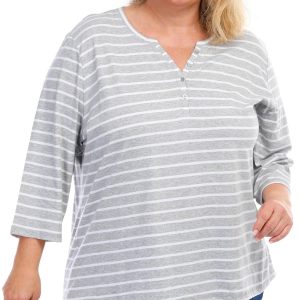 Coral Bay Plus Stripe Print 3/4 Sleeve Henley Top