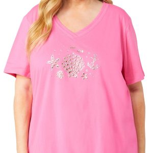 Coral Bay Plus Embellished Printed Short Sleeve Top