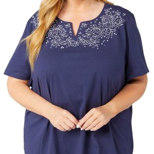Coral Bay Plus Embroidered Solid Short Sleeve Top