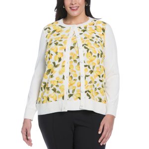 Rafaella Plus Lemon Print Woven Front Cardigan