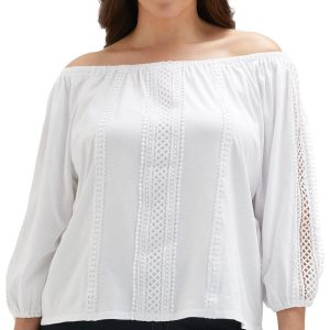 Ella Plus 3/4 Sleeve Solid Lace Trim Off the Shoulder Top