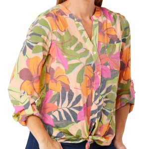 Zac & Rachel Womens 3/4 Sleeve Button Tie Front Top