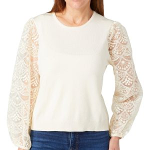 Adrianna Papell Womens Long Lace Sleeve Knit Sweater