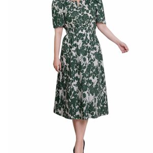 Womens Puff Sleeve Floral Poplin Dress