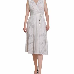 Petite Sleeveless Surplice Vertical Stripe Dress