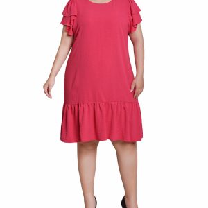 Plus Double Layer Solid Flutter Sleeve Dress