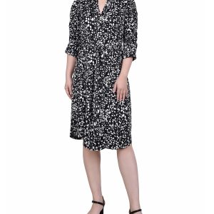 NY Collection Womens Petite Elbow Sleeve Y Neck Dress