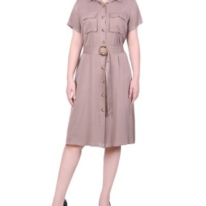 NY Collection Petite Short Sleeve Safari Style Dress