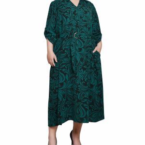 NY Collection Plus 3/4 Roll Tab Sleeve Belted Dress