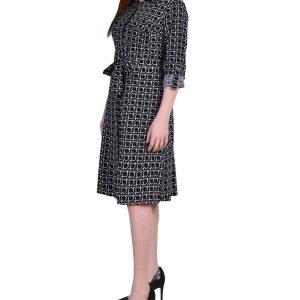 NY Collection Petite 3/4 Roll Tab Sleeve Belted Shirtdress