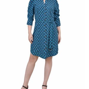 NY Collection Petite 3/4 Rouched Sleeve Dress With Belt