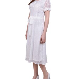 NY Collection Petite Swiss Dot Belted Midi Dress