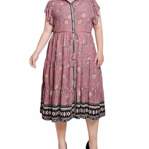 NY Collection Plus Tiered Border Print Ruffle Sleeve Dress