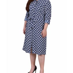 NY Collection Plus 3/4 Roll Tab Sleeve Belted Shirtdress