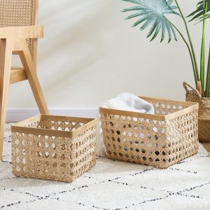 Baum 2 Pc. Square Natural Cane Bamboo Rim Storage Baskets