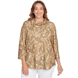 Hearts of Palm Plus Paisley Hatchi Cowl Neck 3/4 Sleeve Top