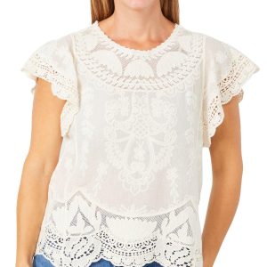 Democracy Women's Short Sleeve Crochet Crew Neck Top