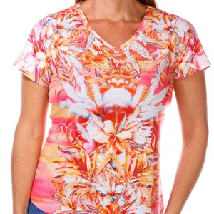 Coral Bay Women's Short Sleeve Tropical Floral V-neck Top