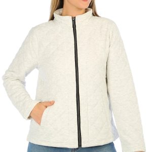 Onque Casual Womens Solid Quilted Zipped Long Sleeve Jacket
