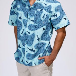 Reel Legends Mens Seersucker Shark Printed Button Up Shirt