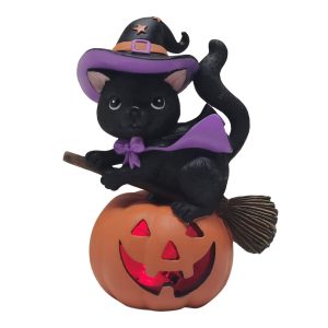 Brighten The Season Halloween Lighted Witch Cat with Pumpkin