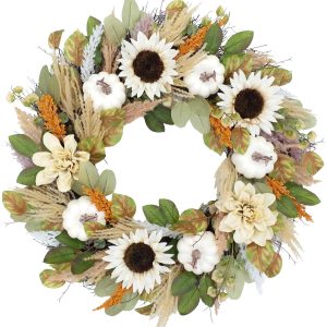 Brighten the Season 26 in. White Sunflower Pumpkin Wreath