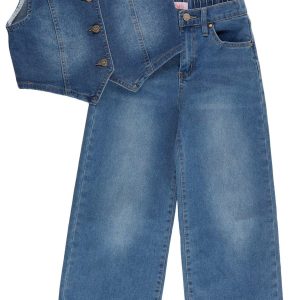 YMI Big Girls 2 Pc Denim Vest & Wide Leg Jeans Set